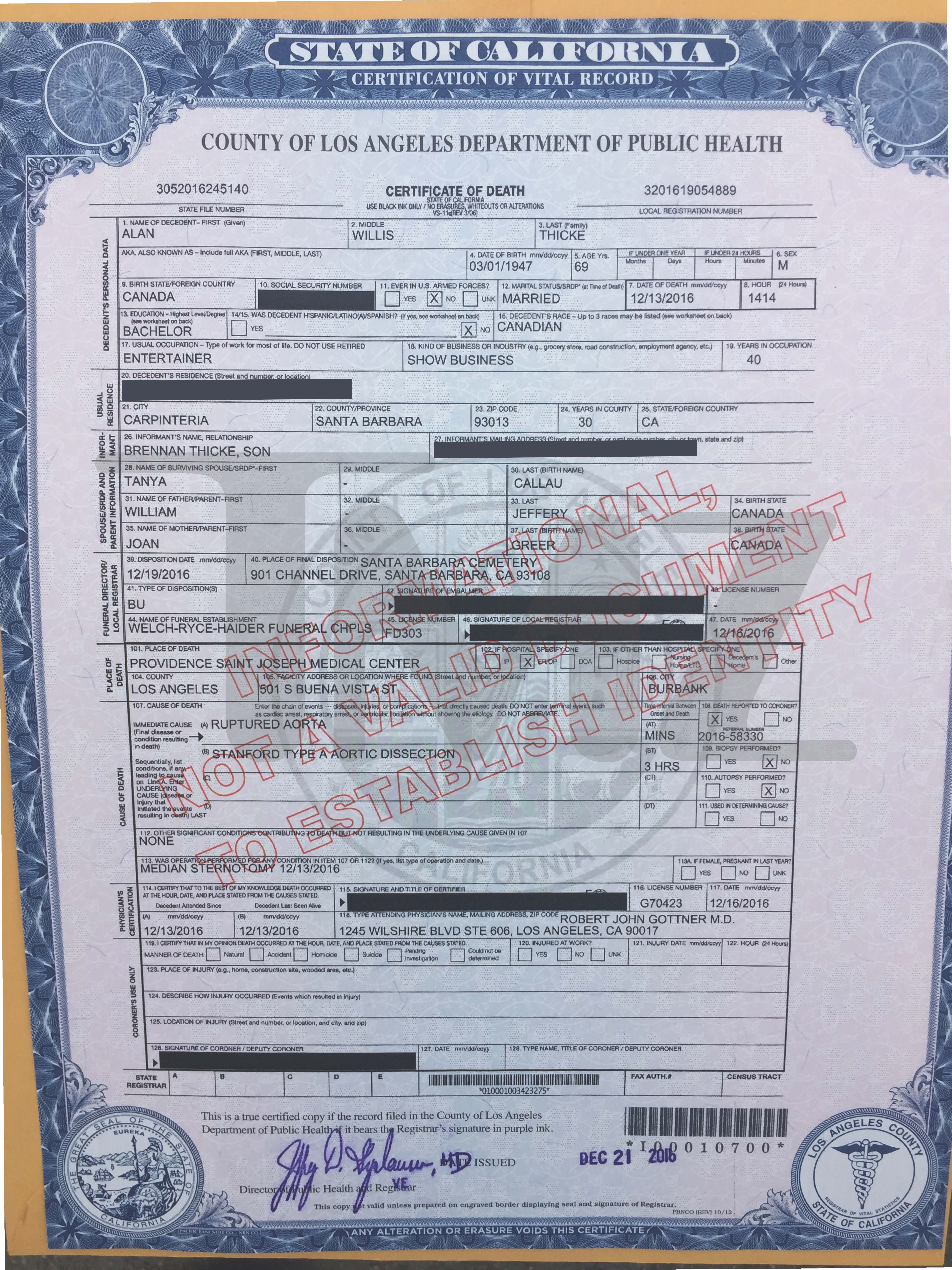 Death Certificate for Mr. Alan Thicke who died from an aortic dissection with rupture