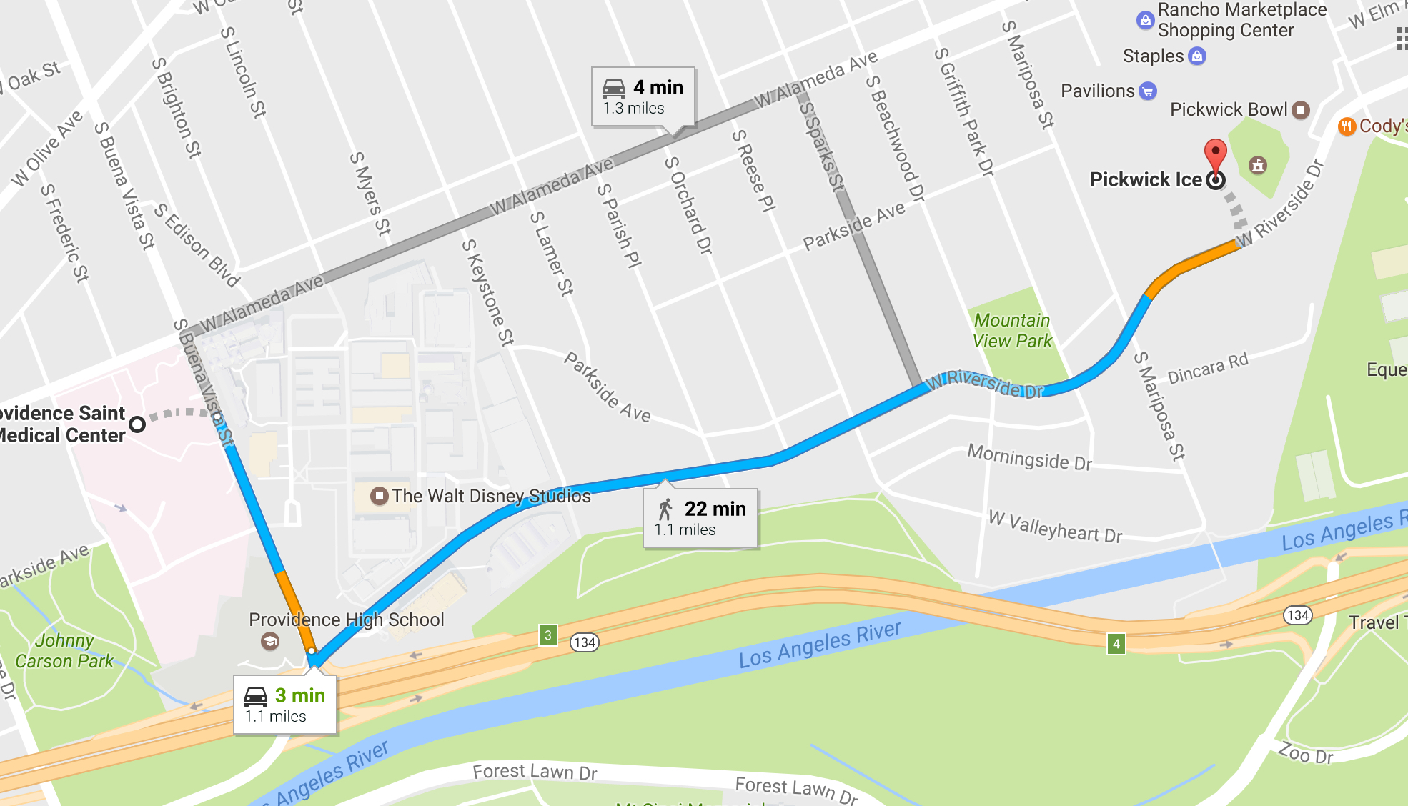 The distance between Picwick Ice and Providence Saint Joseph Medical Center is 1.1 miles