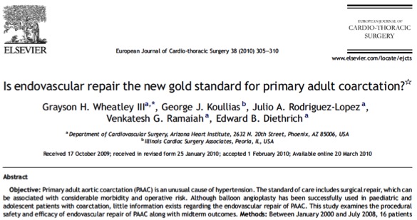 Aortic coarctation endovascular repair. Presented at a meeting of the European Society of Cardiothoracic Surgery